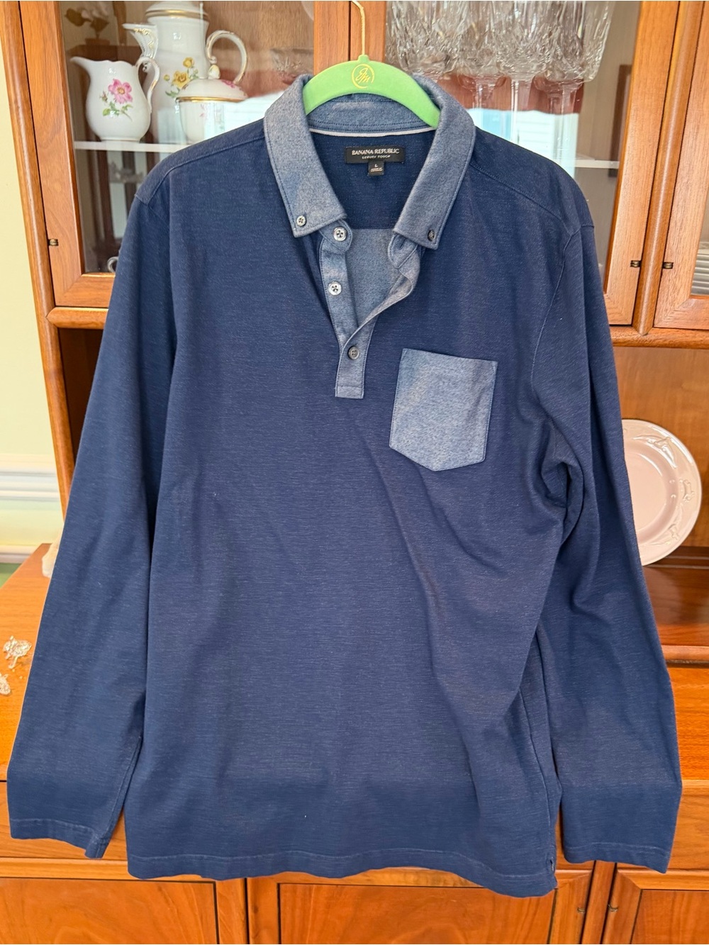 Banana Republic Men's Navy Long-Sleeve Polo with accent pocket and collar L